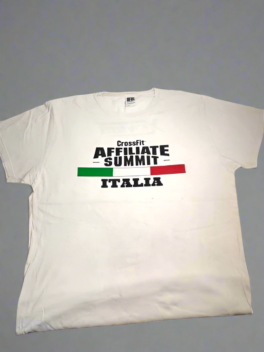 White t-shirt with 'CrossFit Affiliate Summit Italia' text and Italian flag design on a white background
