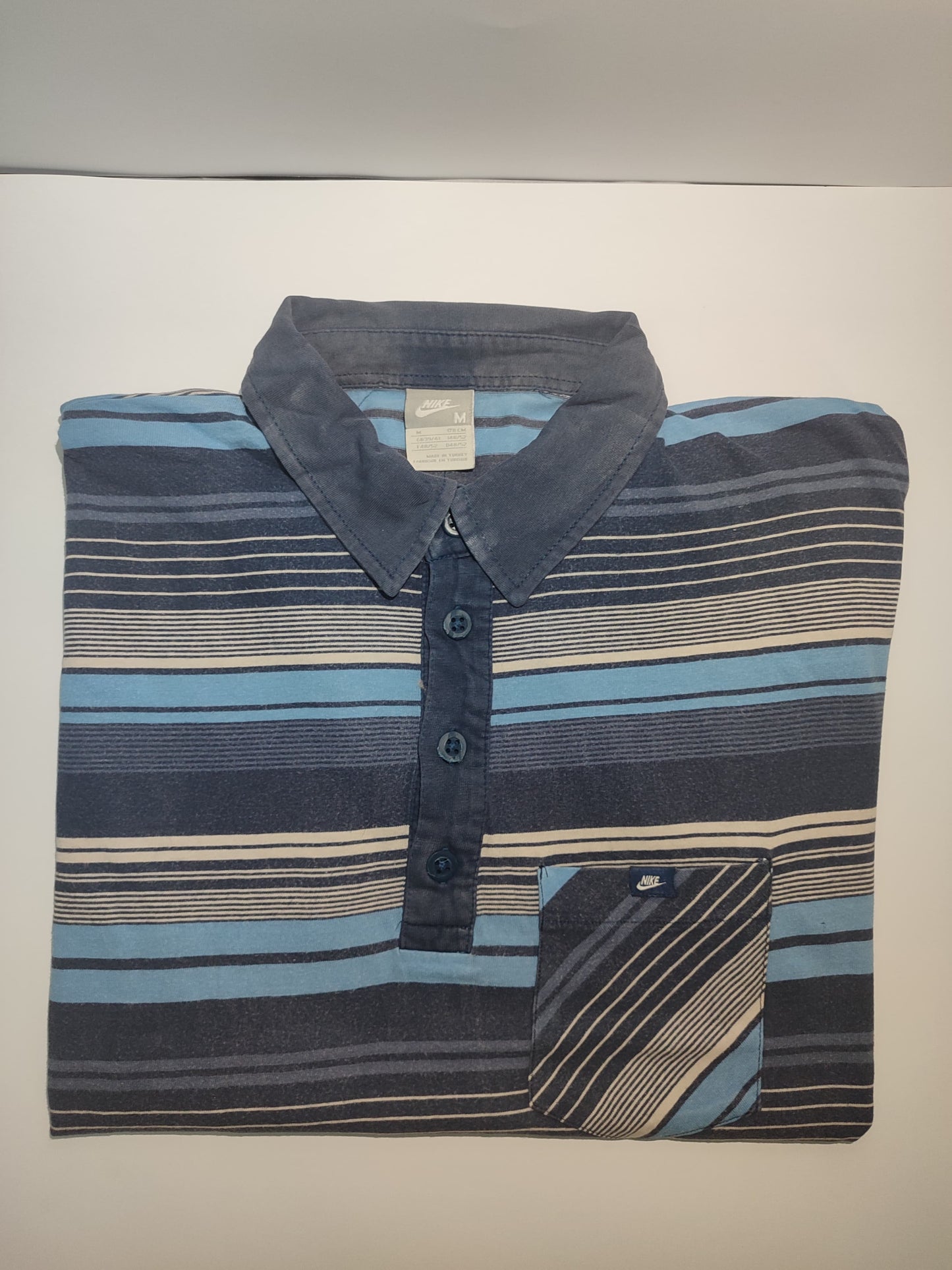 Vintage Nike Striped Polo Shirt – Navy, Blue & Beige with Pocket Logo