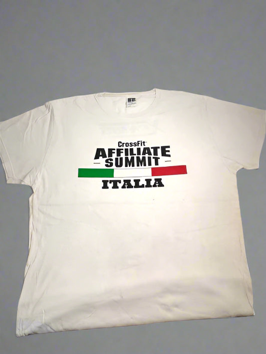 White t-shirt with 'CrossFit Affiliate Summit Italia' text and Italian flag design on a white background