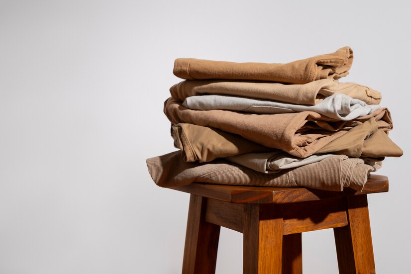 Stack of folded clothes on a wooden stool against a plain background