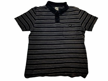 Black and white striped polo shirt on a white background