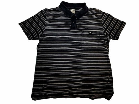 Black and white striped polo shirt on a white background