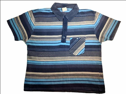 Vintage Nike Striped Polo Shirt – Navy, Blue & Beige with Pocket Logo