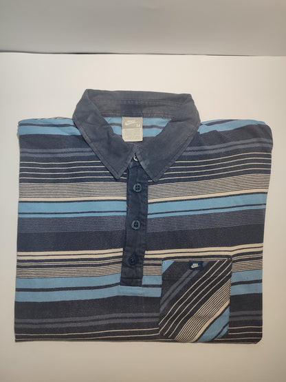 Vintage Nike Striped Polo Shirt – Navy, Blue & Beige with Pocket Logo